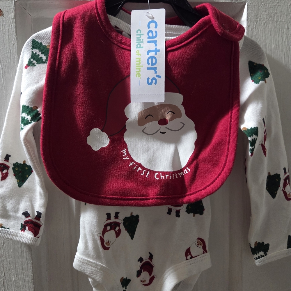 NWT Carter's Red and White Baby Bib First Christmas And Newborn Matching Onesie